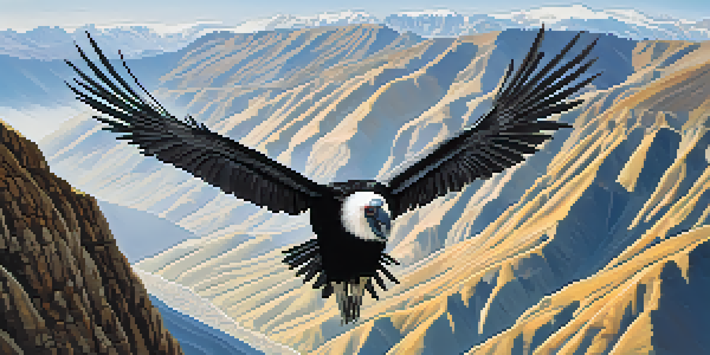 An Andean Condor flying over the Colca Canyon, showcasing its large wingspan against a backdrop of steep cliffs and a clear sky.
