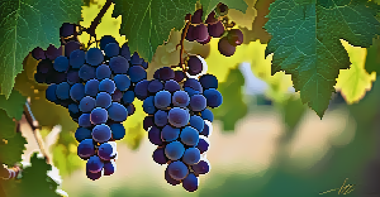 Close-up of ripe Syrah grapes on the vine with sunlight filtering through leaves in a vineyard.