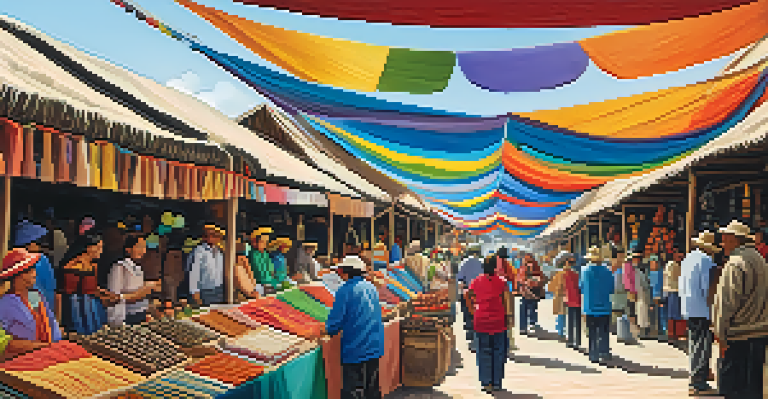 A lively artisan market in Peru with local crafts, textiles, and pottery, where vendors interact with tourists.