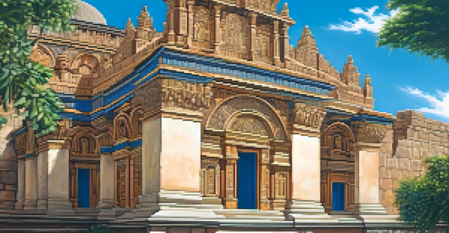 A close-up view of the Coricancha temple in Cusco, featuring intricate stone carvings and golden details under a blue sky.