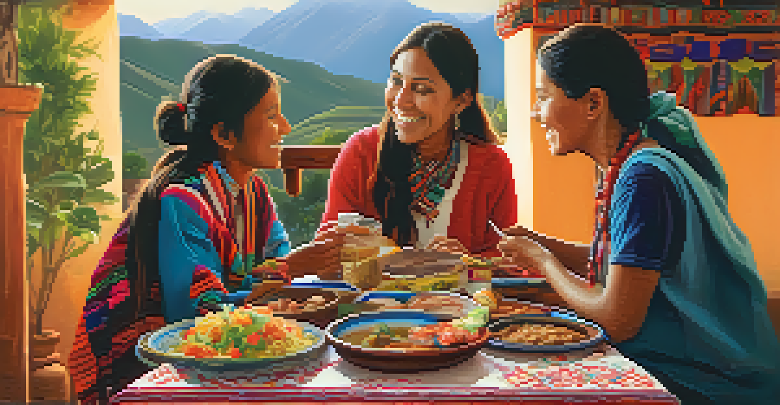A volunteer enjoying a traditional meal with a local family in Peru, surrounded by colorful textiles and dishes.