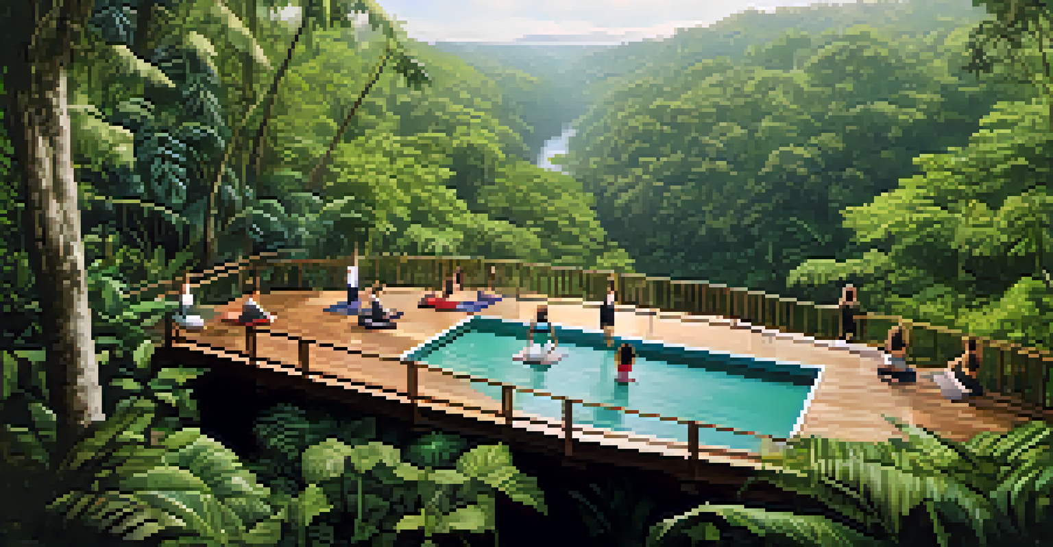 Aerial view of a yoga retreat in the Amazon rainforest with participants practicing on a deck surrounded by lush greenery.