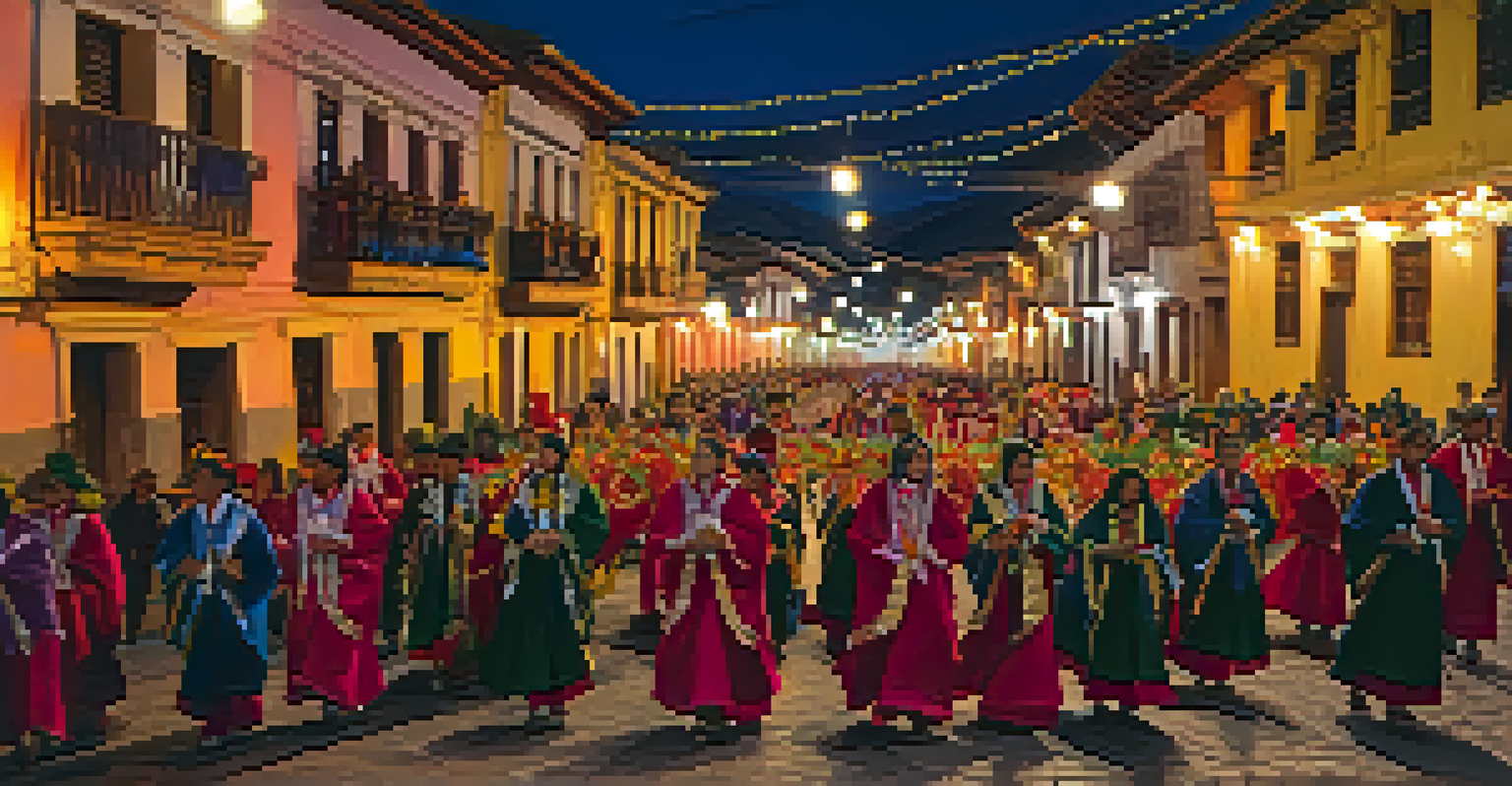 Participants in traditional clothing walking in a solemn procession during Semana Santa in Ayacucho, with candlelight illuminating decorated streets.