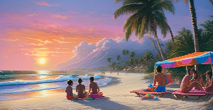 A family enjoying a peaceful beach at Punta Sal during sunset, with children playing in the water and palm trees in the background.