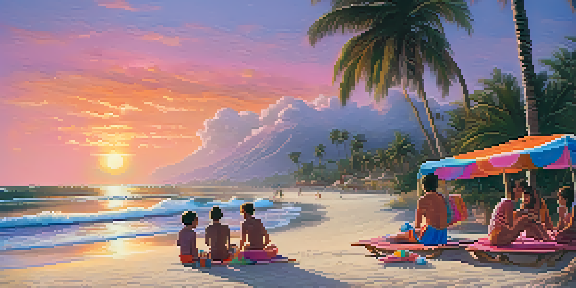 A family enjoying a peaceful beach at Punta Sal during sunset, with children playing in the water and palm trees in the background.