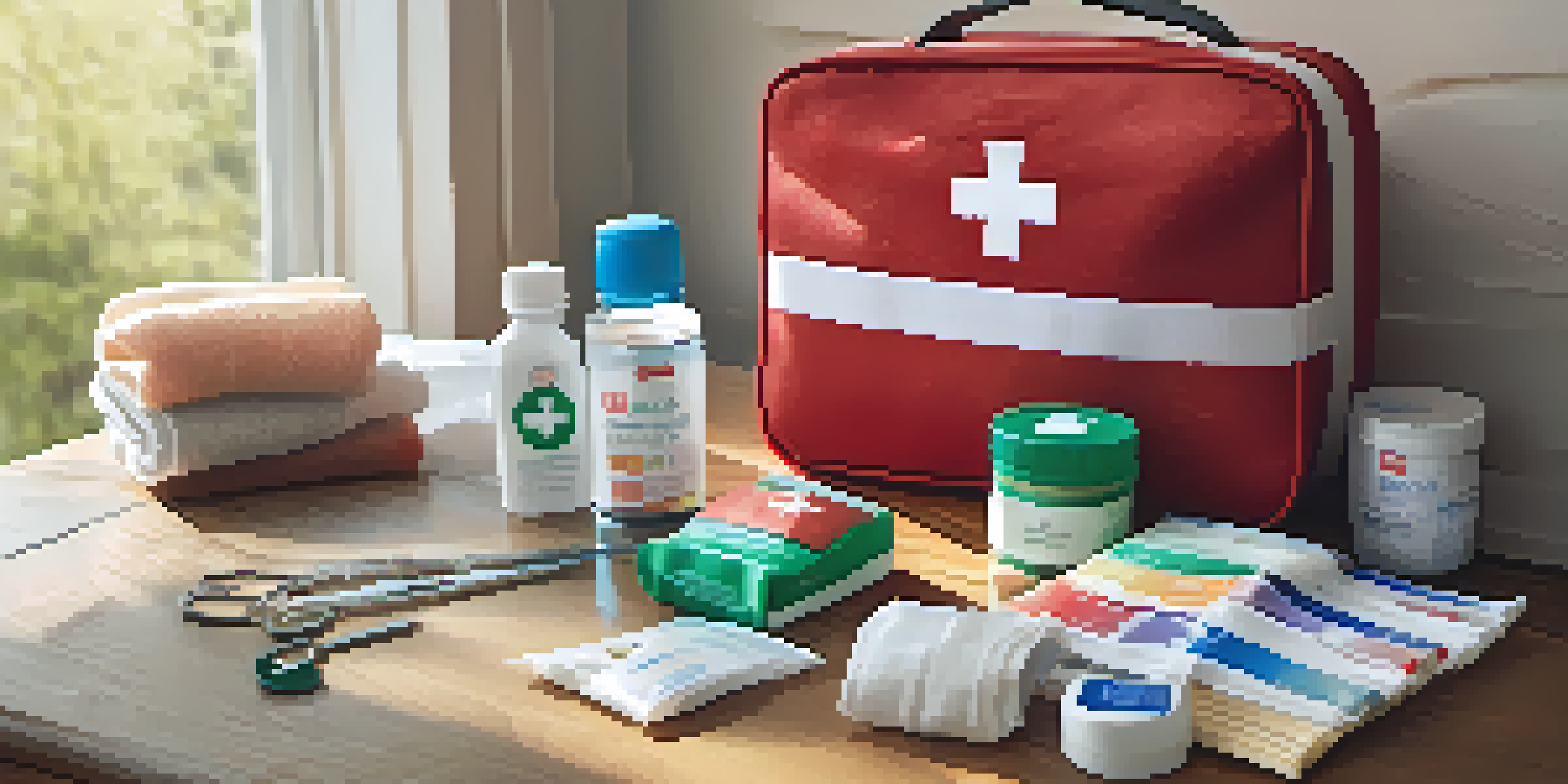An open travel first aid kit with colorful medical supplies on a wooden table, surrounded by a blurred travel scene.