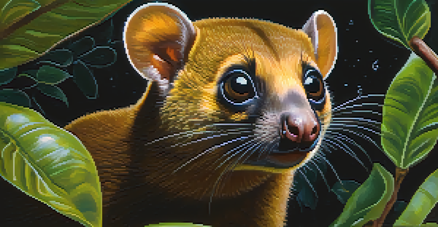 A close-up of a kinkajou foraging for fruit at night, with lush foliage and glowing insects in the background.