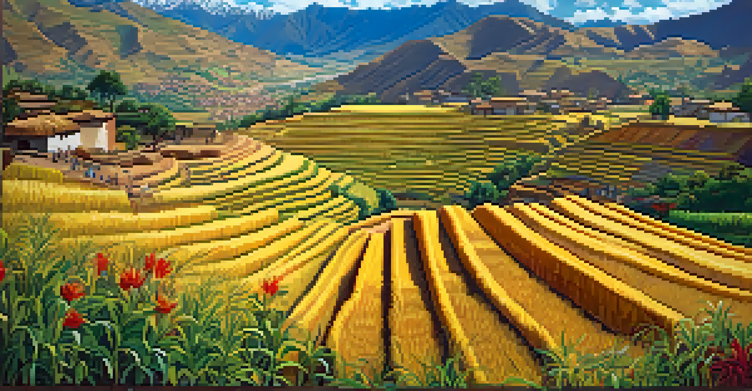 A colorful depiction of the Sacred Valley during harvest time, showcasing terraced fields of crops and traditional Andean villages against a clear blue sky.