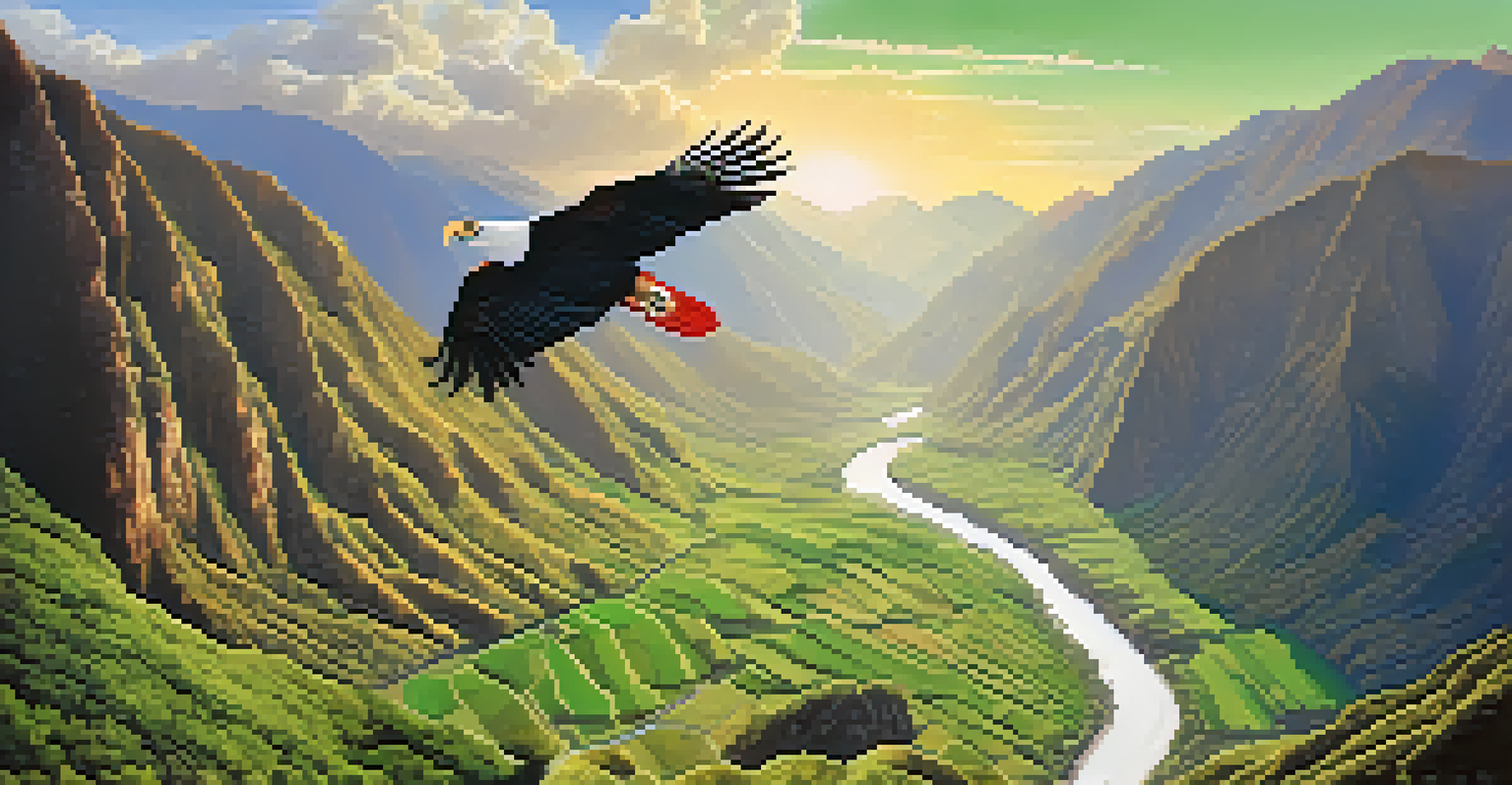 A panoramic view of the Apurimac River Valley with an Andean Condor flying above, showcasing the vibrant landscape and mountains.