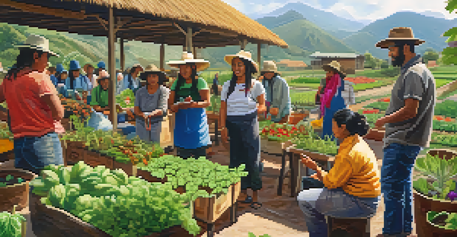 Local Peruvians teaching tourists about sustainable farming in a vibrant community garden filled with various plants.