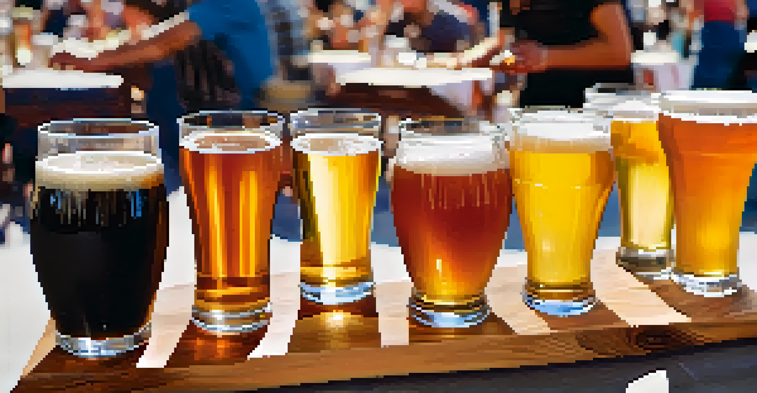 A wooden table displaying various craft beers with different colors and textures at a beer festival.