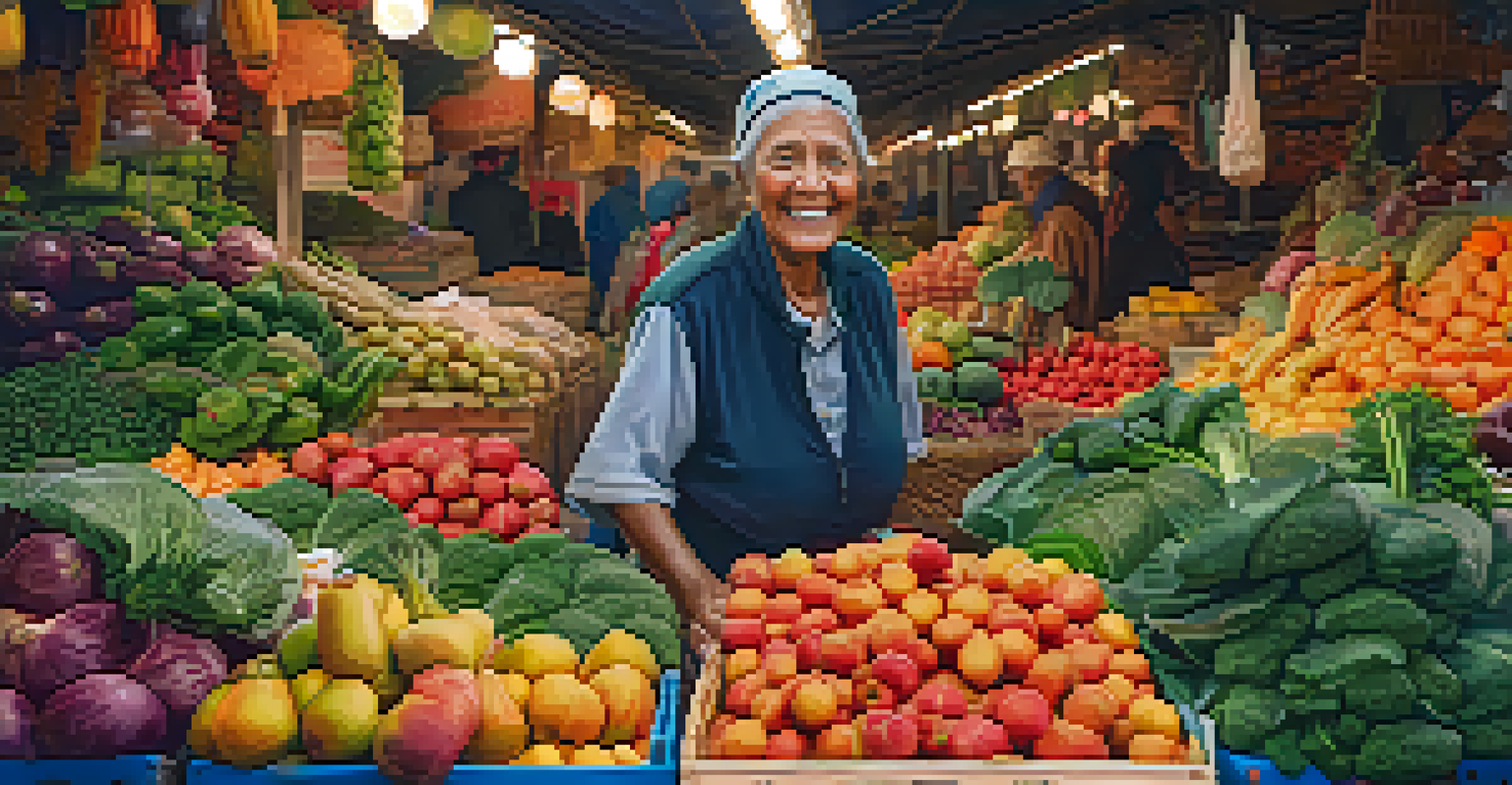 An elderly vendor smiling in a bustling market surrounded by fresh produce.