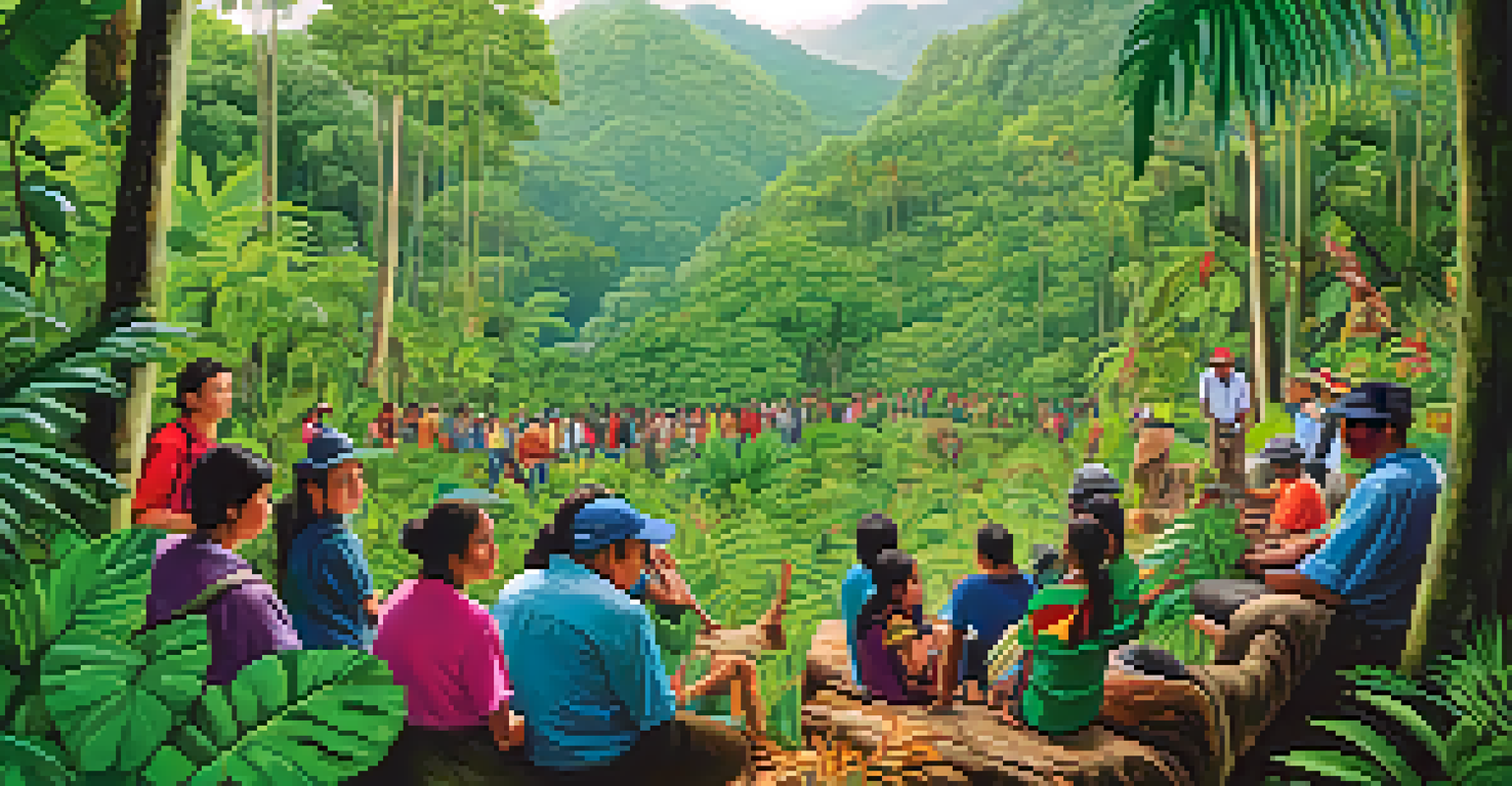 A community workshop in the Peruvian rainforest focused on conservation, with people learning about endangered species amidst lush greenery.