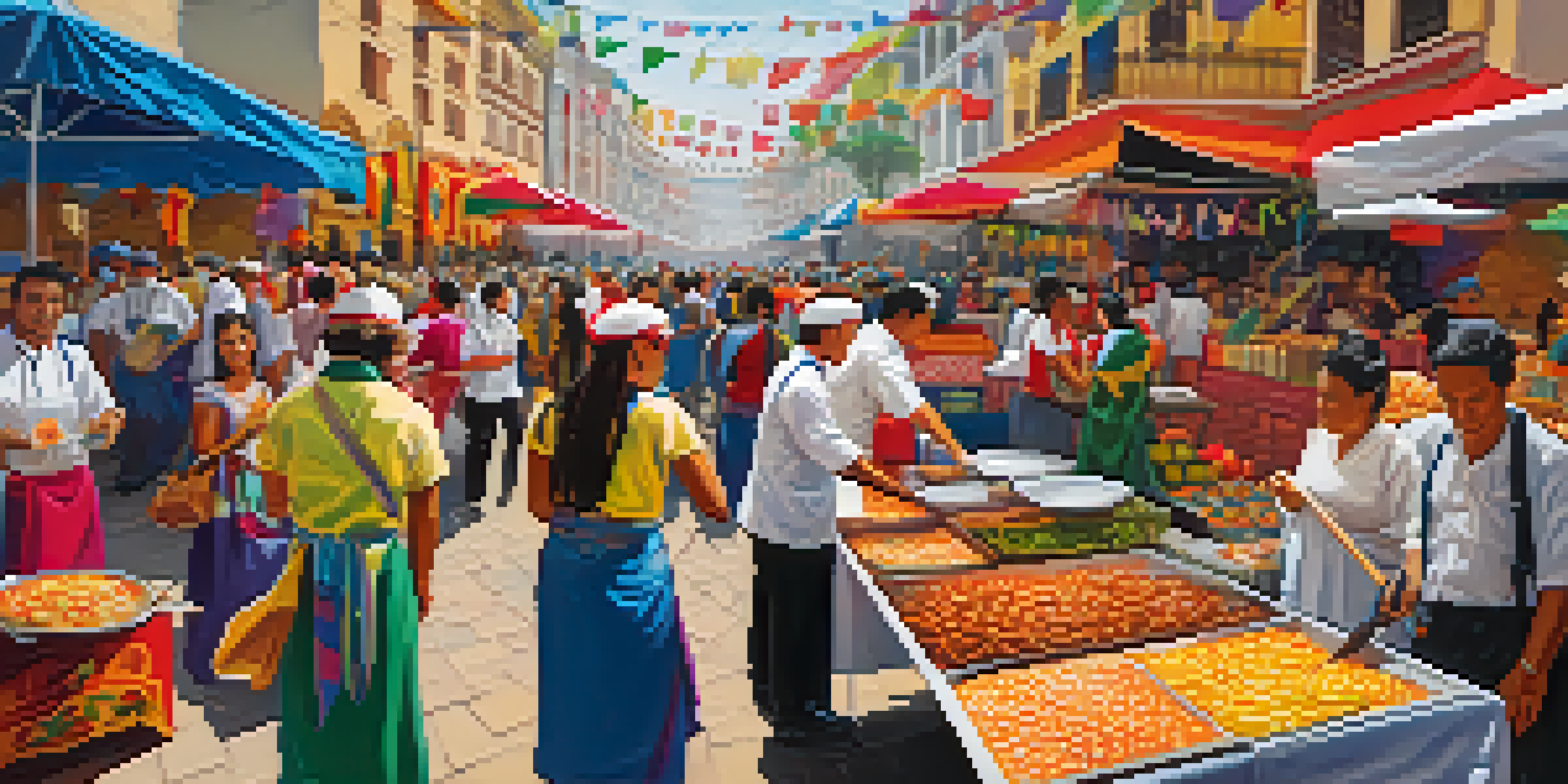 A bustling food festival in Lima, Peru, with colorful stalls offering traditional dishes and chefs preparing food.