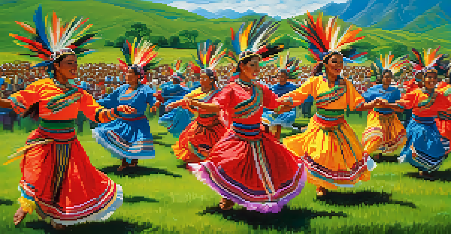 Dancers in colorful costumes performing the Huaylash dance in a vibrant outdoor setting during an agricultural festival.