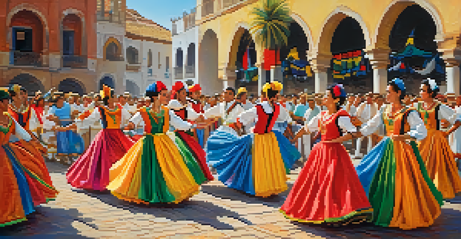 Dancers performing the Marinera dance at the Marinera Festival in Trujillo, with local artisans and families enjoying the vibrant atmosphere.