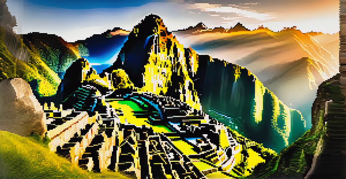 A breathtaking view of Machu Picchu at sunrise, with ancient ruins and misty mountains in the background.