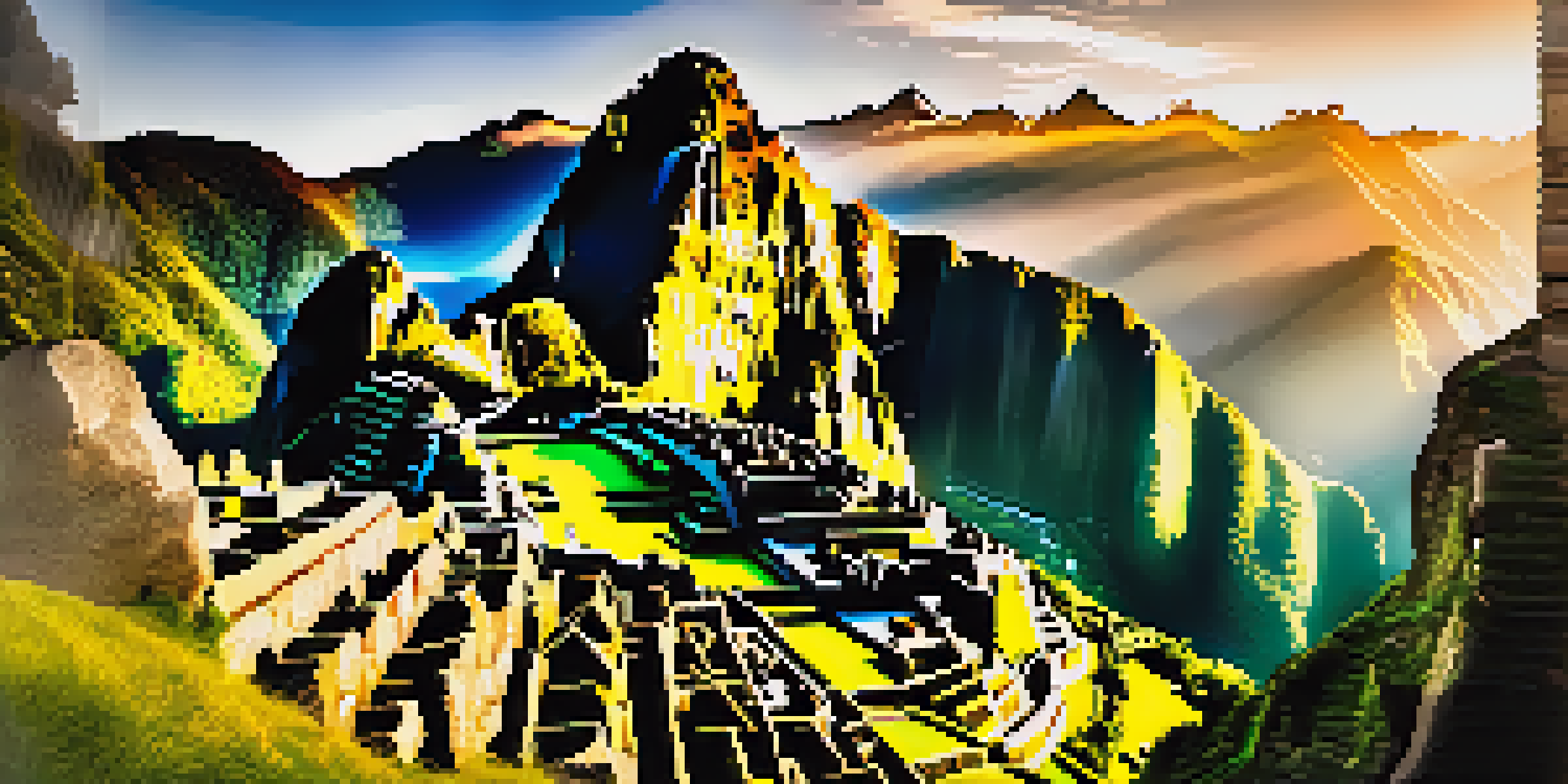 A breathtaking view of Machu Picchu at sunrise, with ancient ruins and misty mountains in the background.