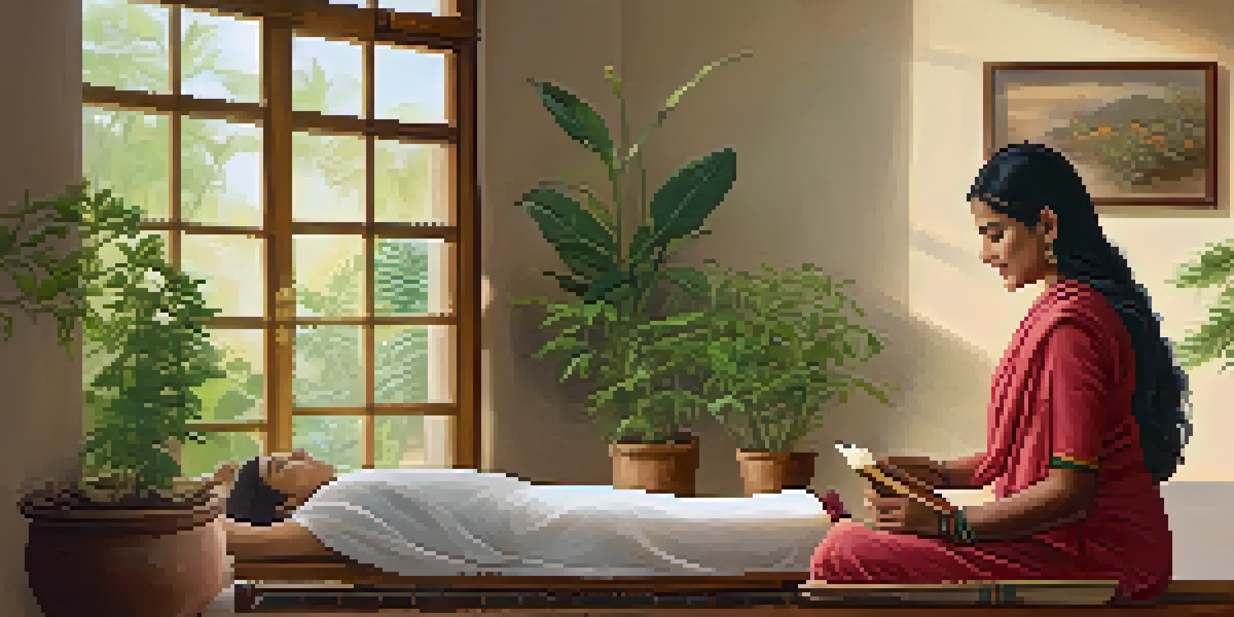 An Ayurvedic practitioner consulting with a patient in a warm clinic, surrounded by plants and natural light.
