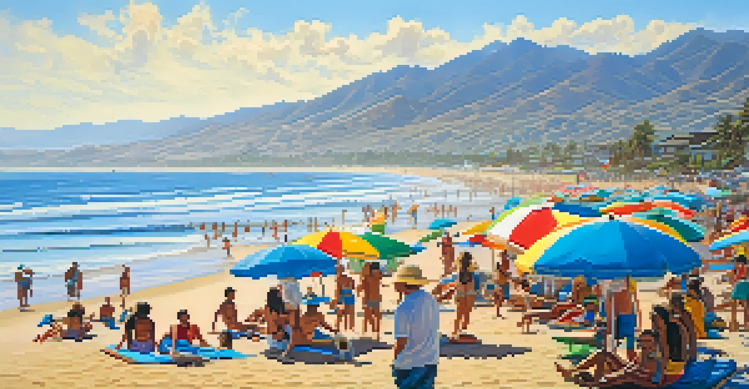 A bustling beach scene with sunbathers, surfers, and colorful umbrellas on a sunny day.