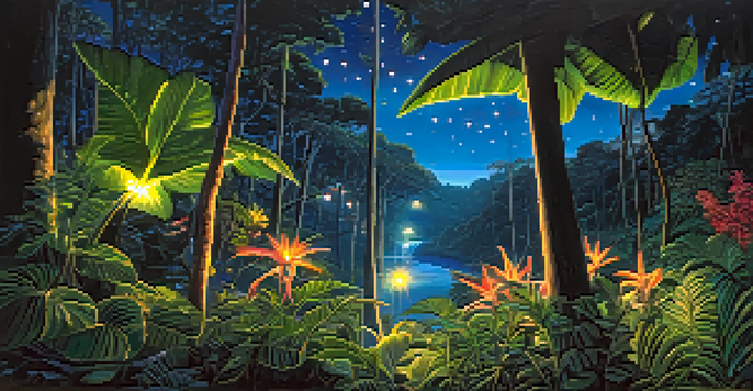 A nighttime scene in the Amazon rainforest with fireflies, exotic plants, and silhouettes of nocturnal animals under a starry sky.