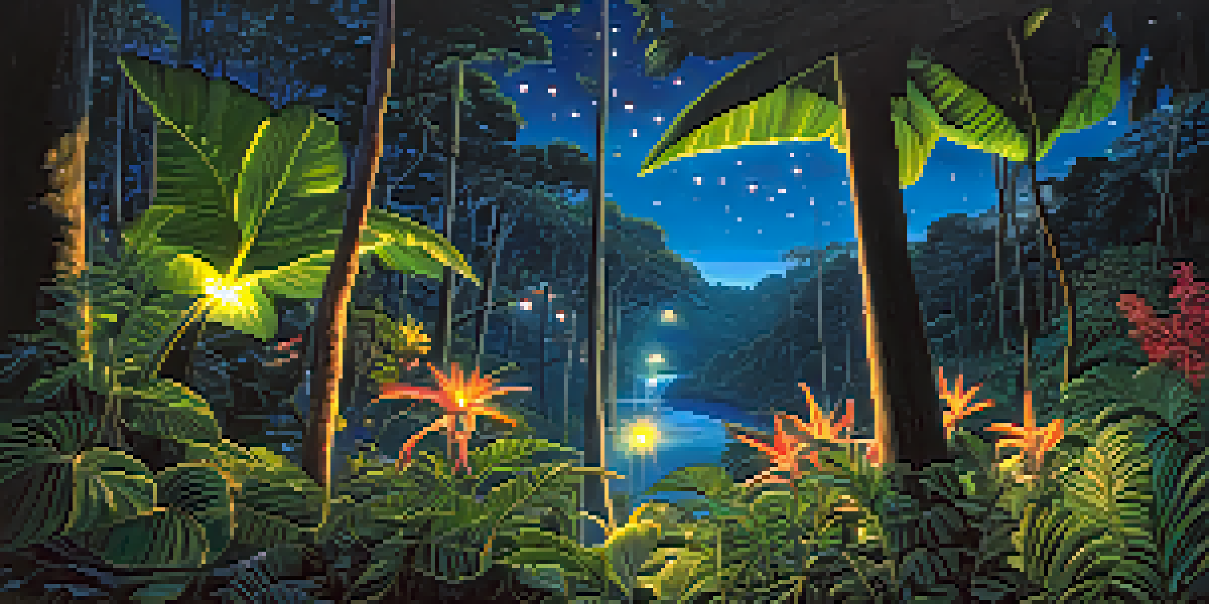 A nighttime scene in the Amazon rainforest with fireflies, exotic plants, and silhouettes of nocturnal animals under a starry sky.