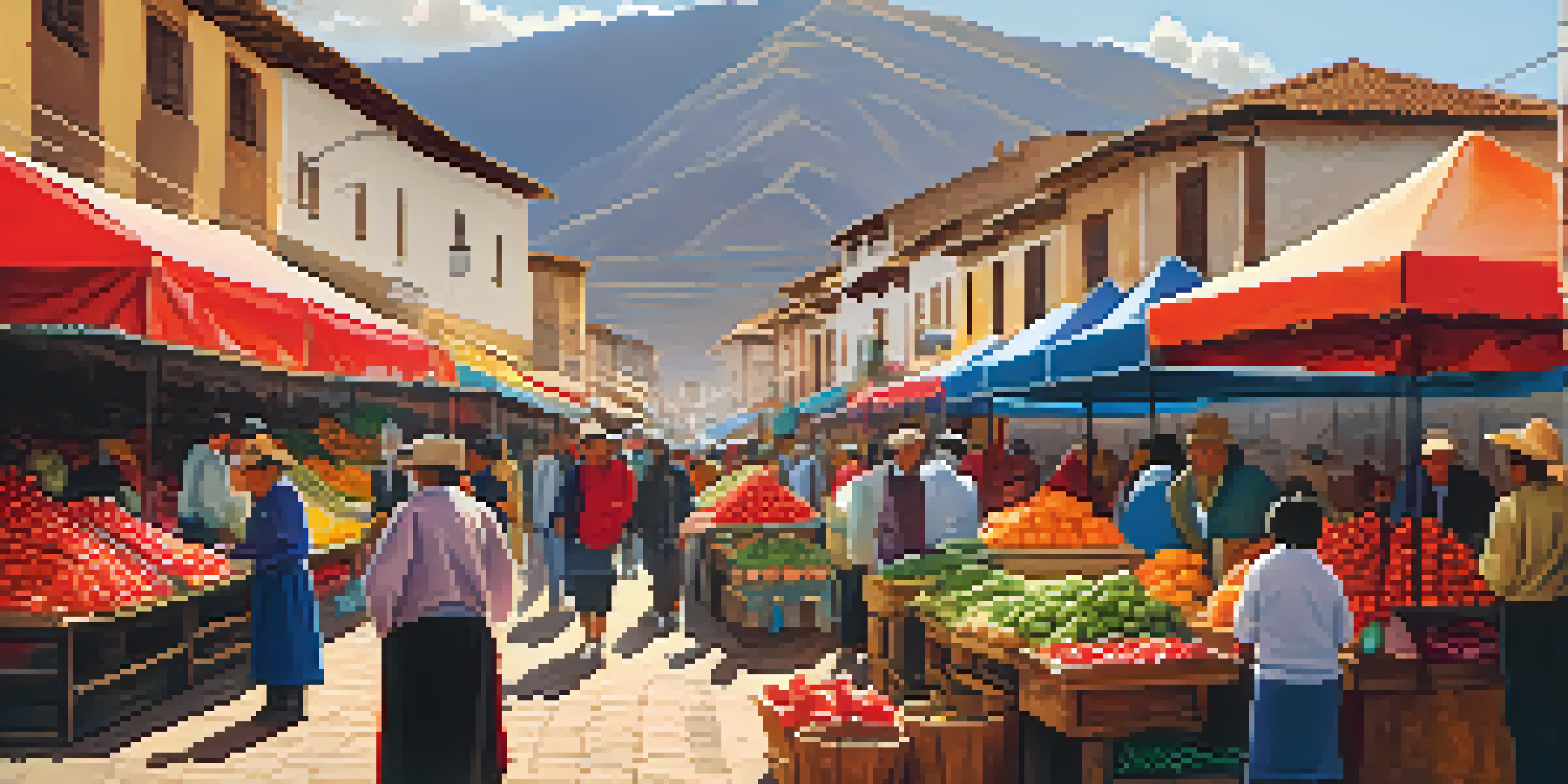 An outdoor market in Cusco, Peru, featuring colorful stalls with fresh produce and local ingredients, with sunlight illuminating the scene.