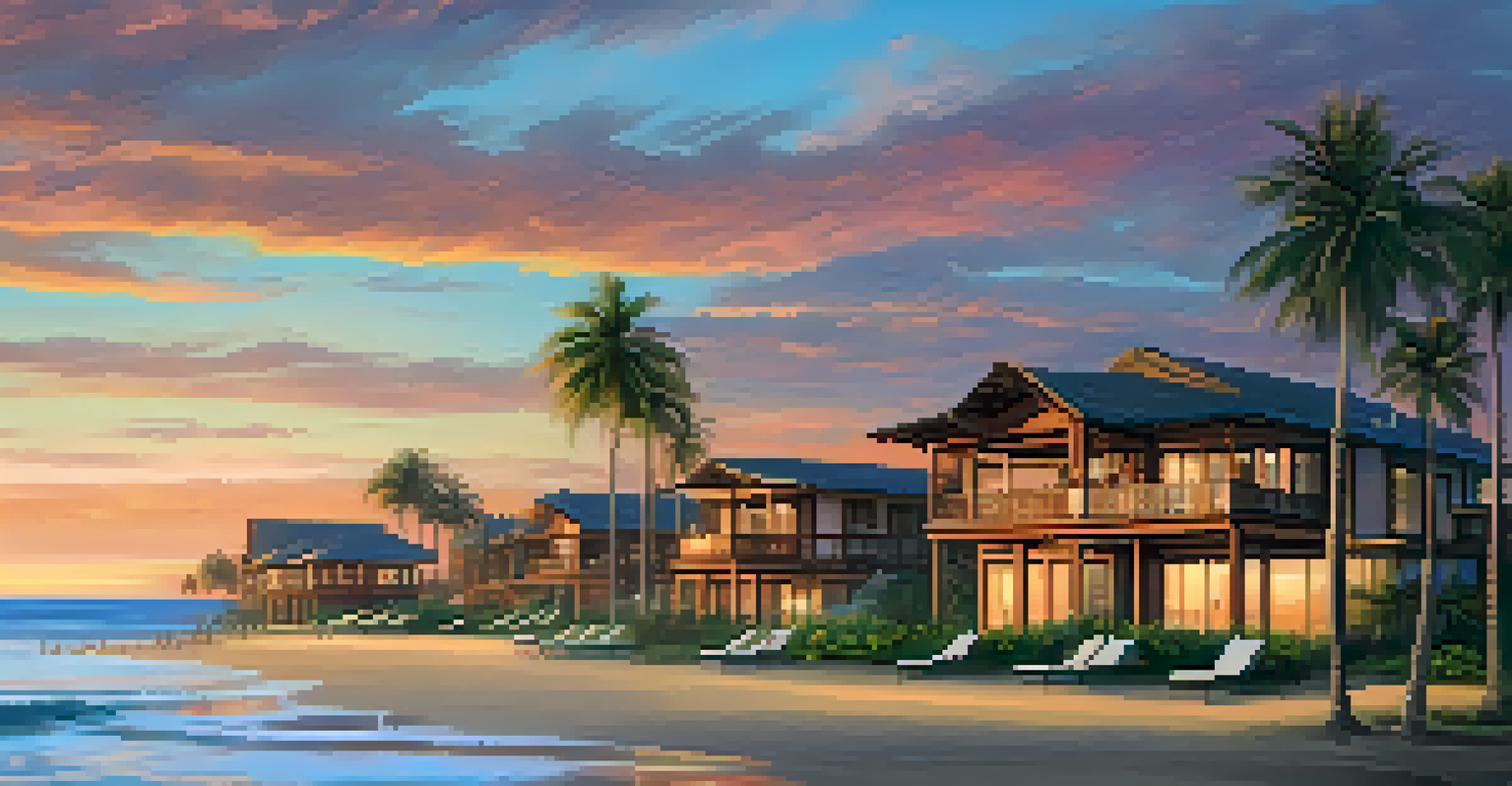 A luxury beach resort in Mancora with bungalows and a view of the ocean at sunset.