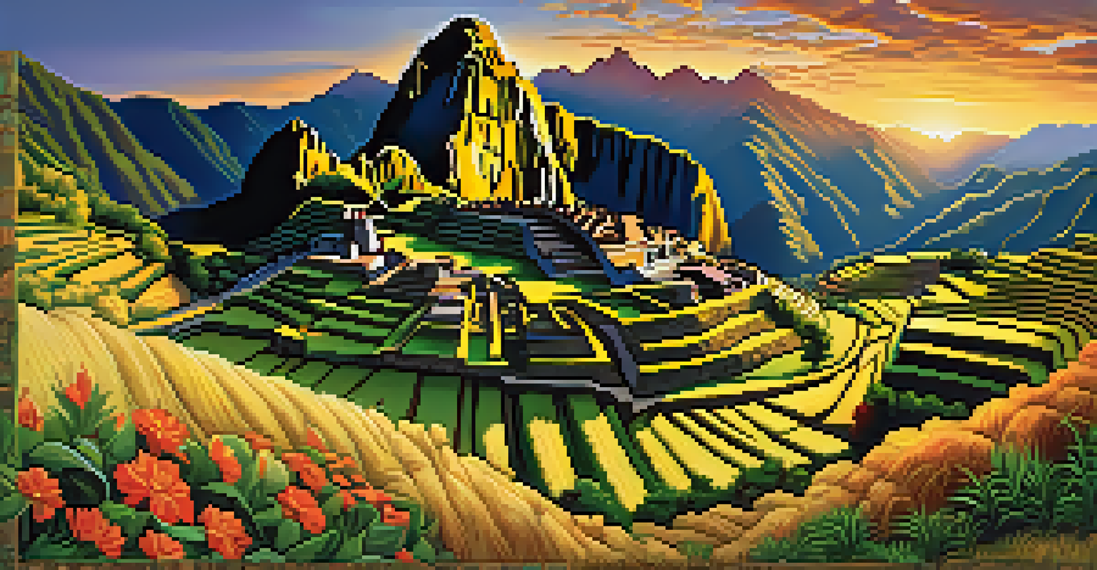 A panoramic view of the Inca Empire with terraced fields, mountains, and farmers, representing prosperity before turmoil.