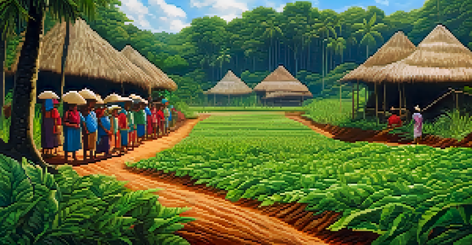 A colorful depiction of an indigenous Amazonian community practicing sustainable farming among lush greenery, with sunlight filtering through the trees.