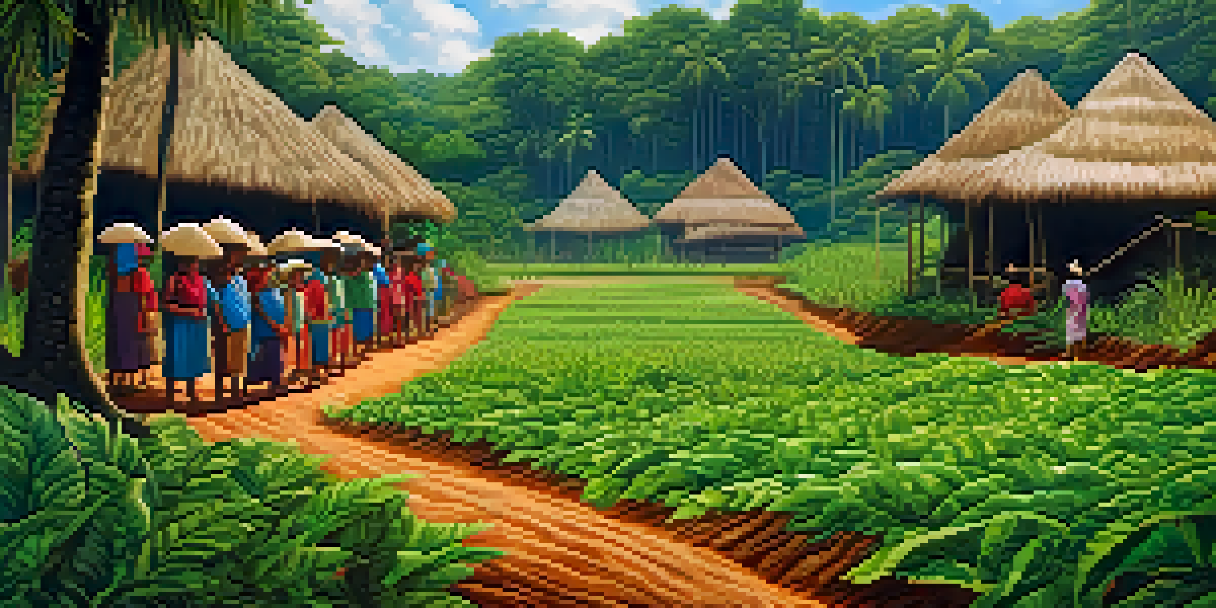 A colorful depiction of an indigenous Amazonian community practicing sustainable farming among lush greenery, with sunlight filtering through the trees.
