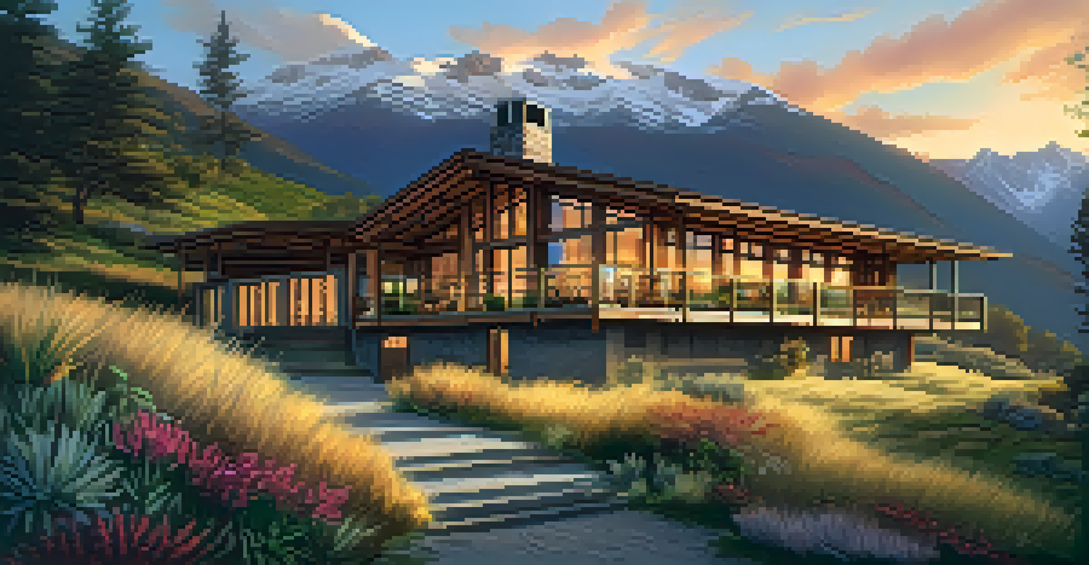 An eco-lodge in the Andes mountains with stunning views, surrounded by native flora during sunset.