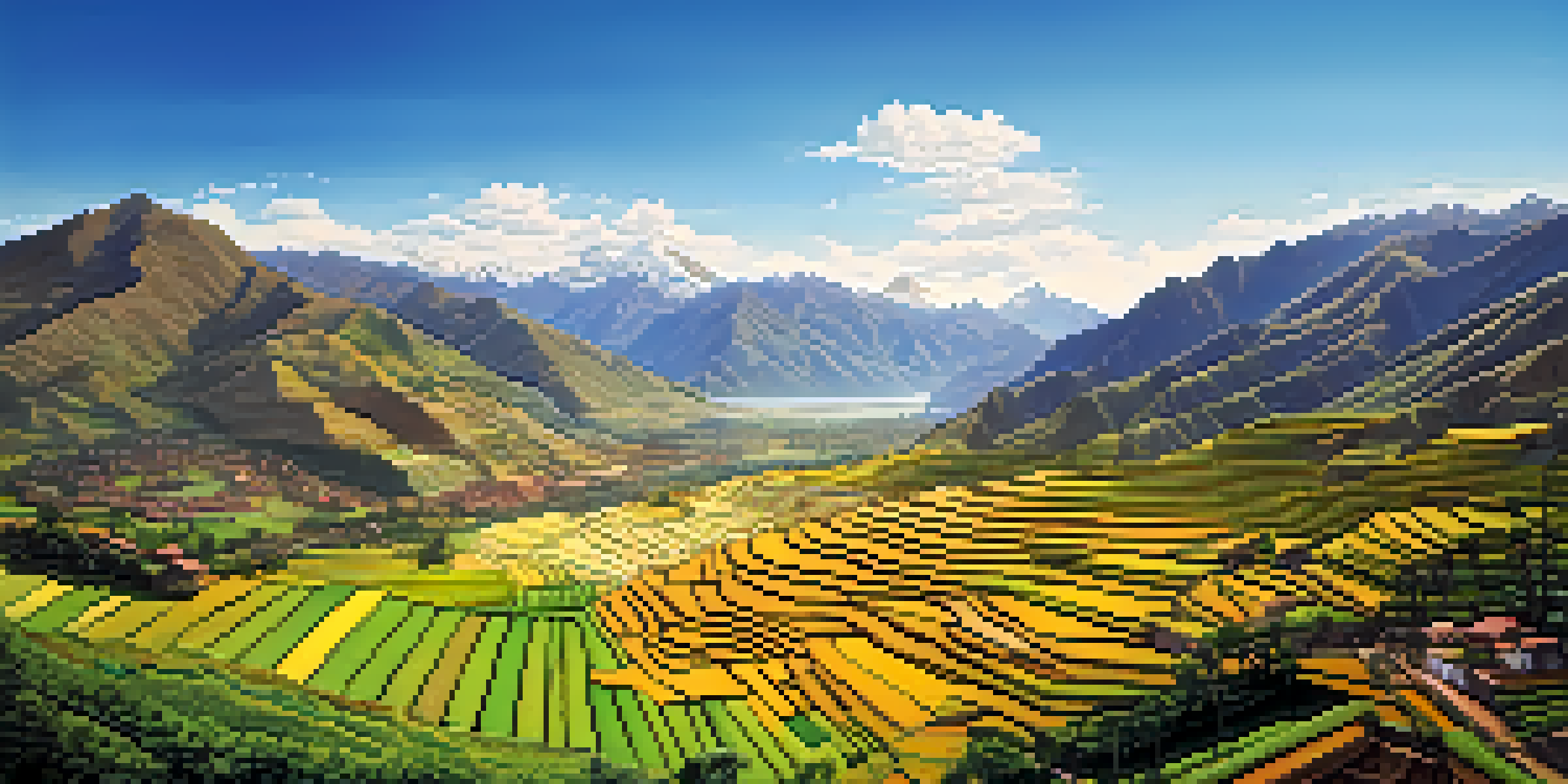 A scenic landscape of the Sacred Valley in Peru with green fields, mountains, and traditional Incan structures under a bright sky.