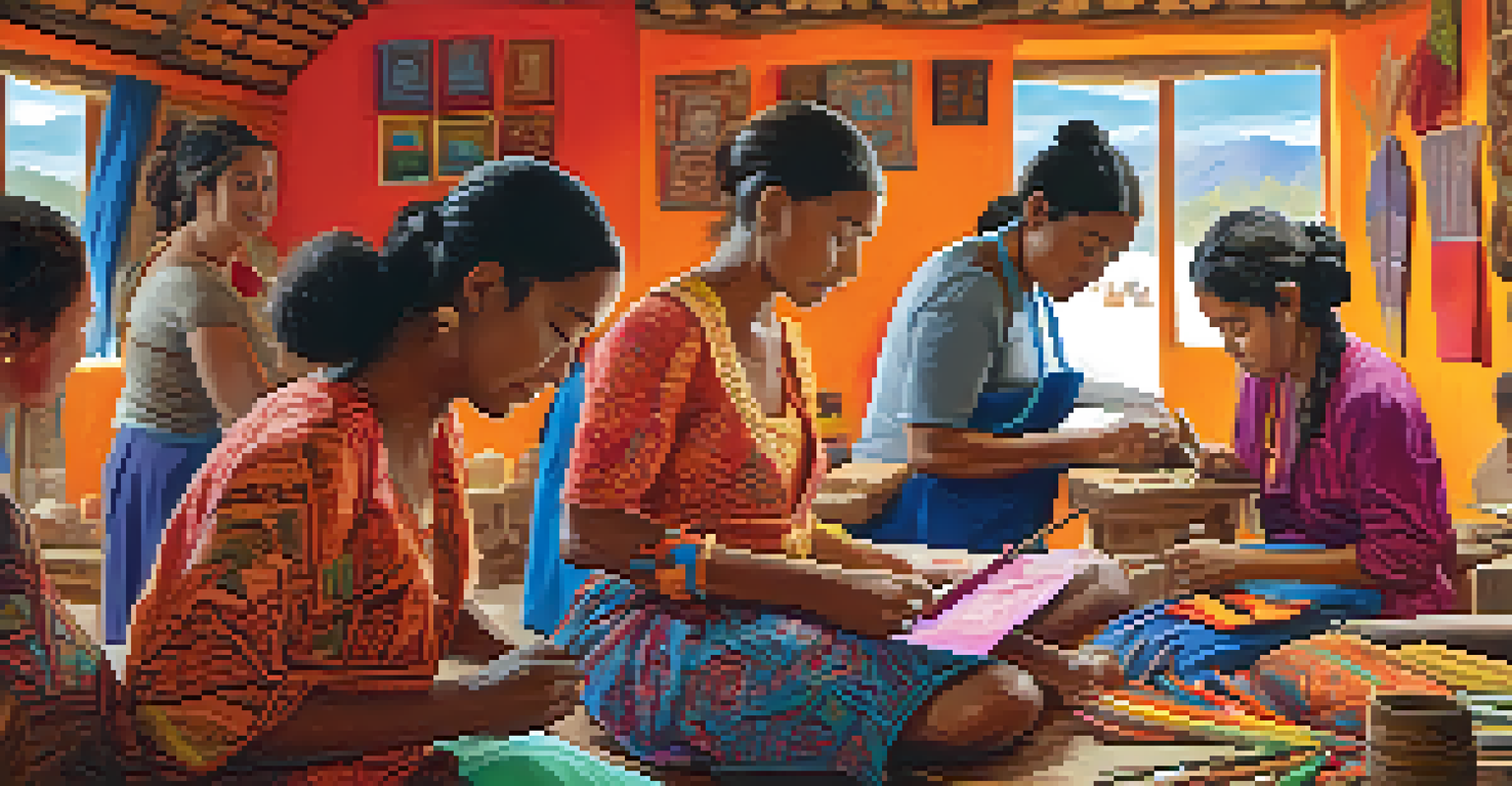 Travelers engaged in a traditional craft workshop with local artisans, surrounded by colorful handmade items and a warm, inviting atmosphere.