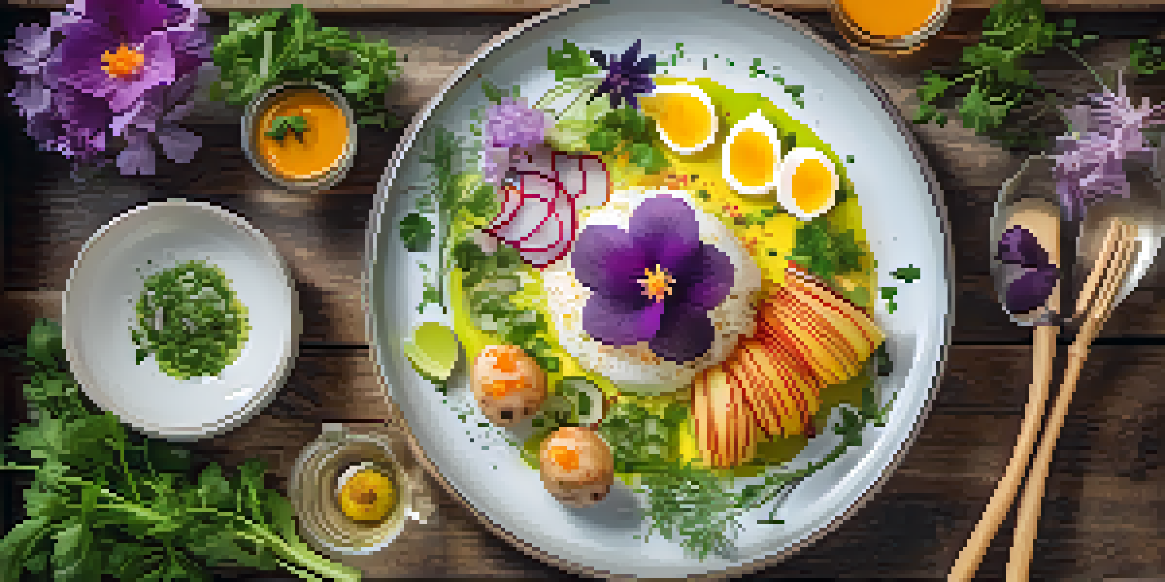 A colorful plate of causa limeña, a traditional Peruvian dish made with layered potatoes, aji sauce, and garnished with herbs and edible flowers, on a rustic wooden table.