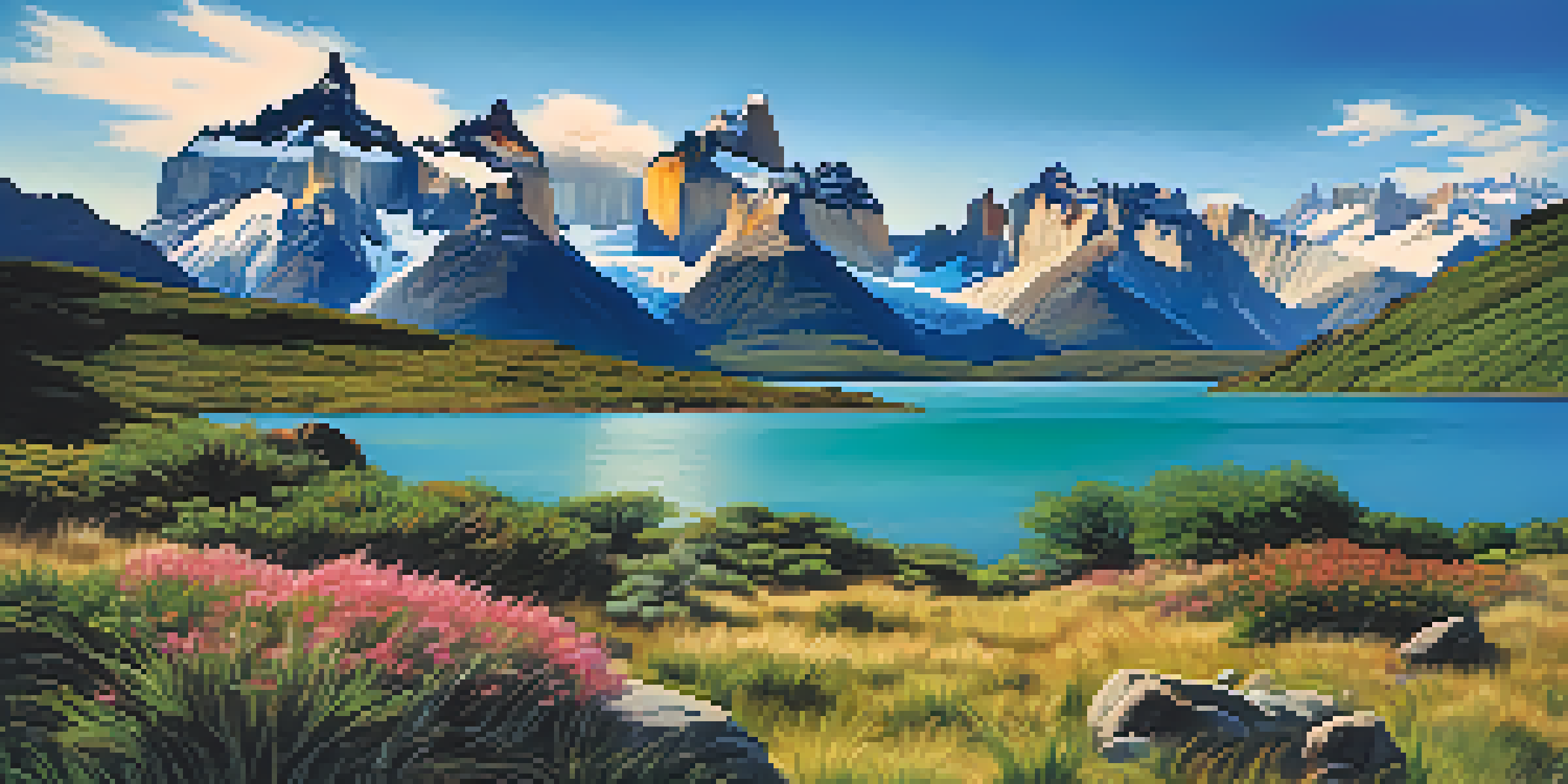 A panoramic view of Torres del Paine National Park with granite peaks, green grass, and a reflective lake under a clear sky.