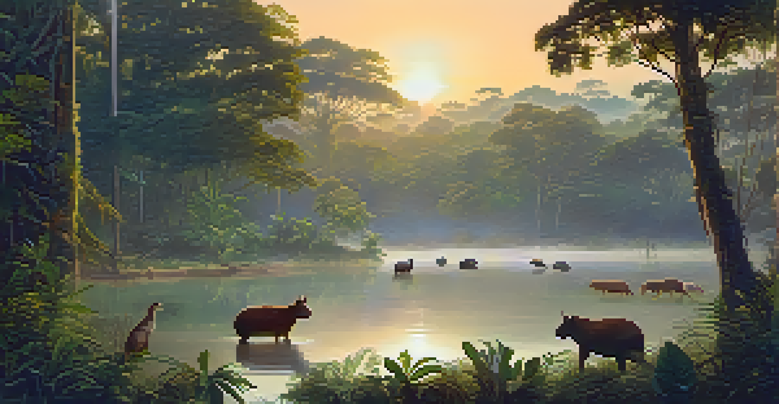 A serene Amazon Rainforest scene at golden hour, with animals gathering near a water source, surrounded by lush greenery and morning mist.