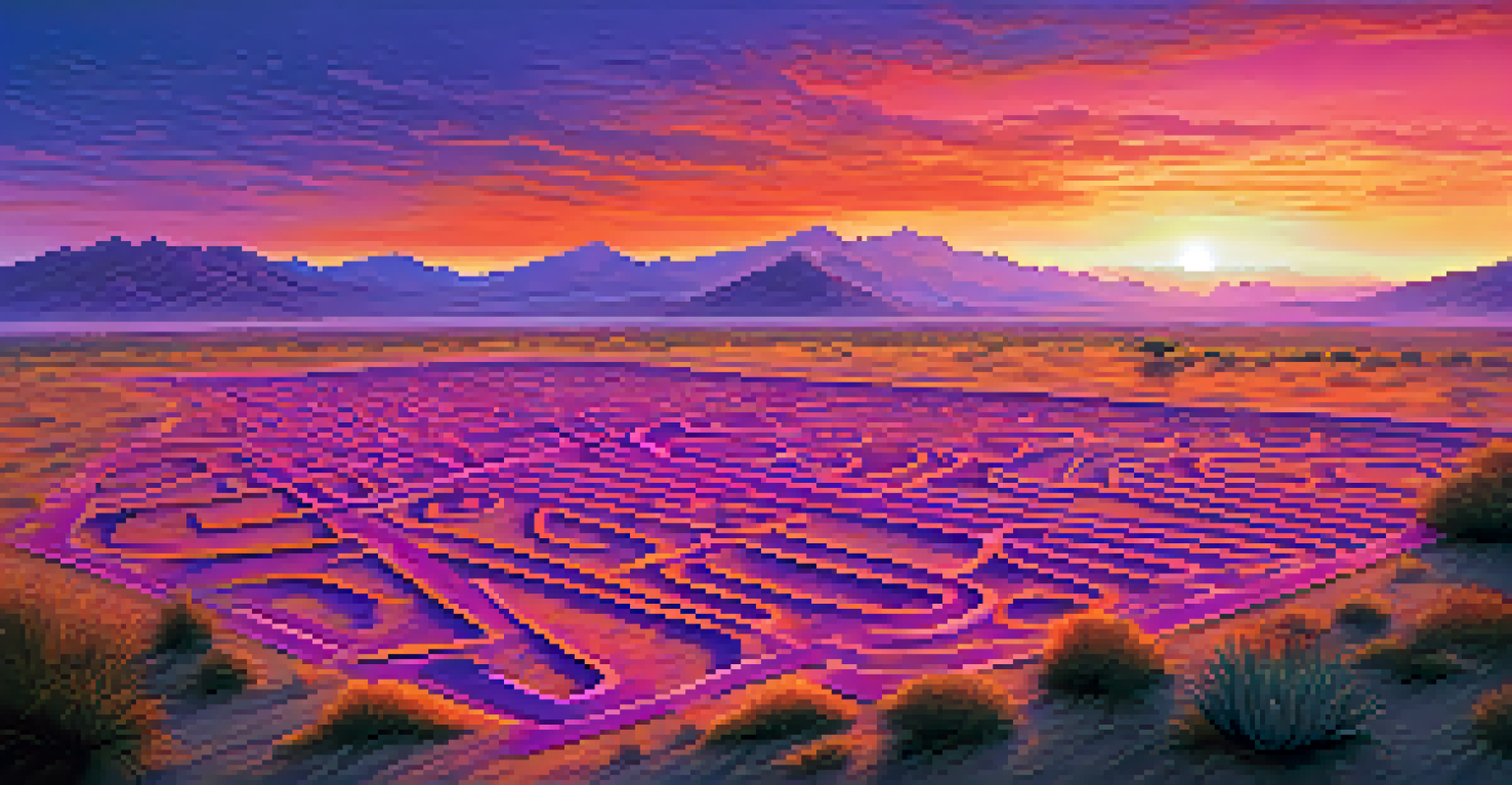 An artistic interpretation of the Nazca Lines at sunset, with geoglyphs silhouetted against a colorful sky.