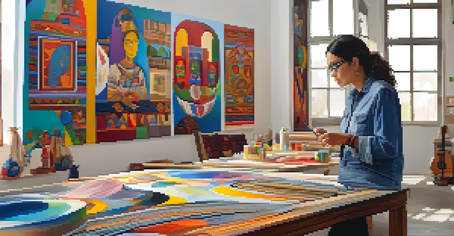 A contemporary female artist in a modern studio, creating vibrant artwork that blends traditional and contemporary styles.