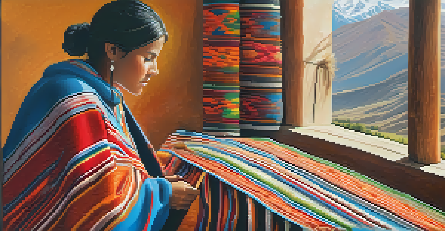 An artisan woman weaving a colorful poncho with traditional patterns in a sunlit room.