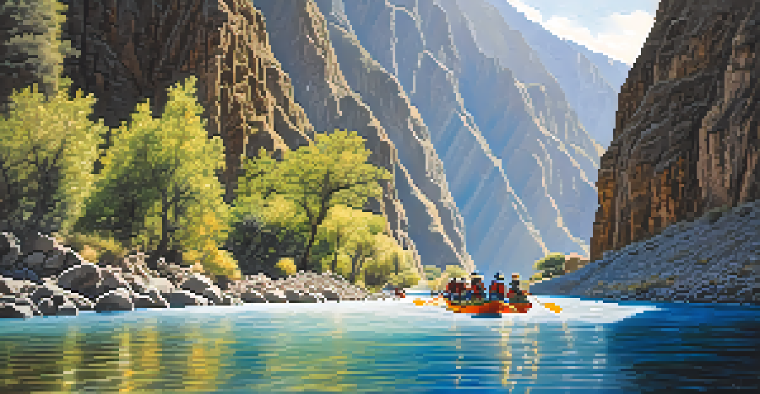 Rafters navigating through the clear waters of Colca Canyon, with cliffs and greenery surrounding them.