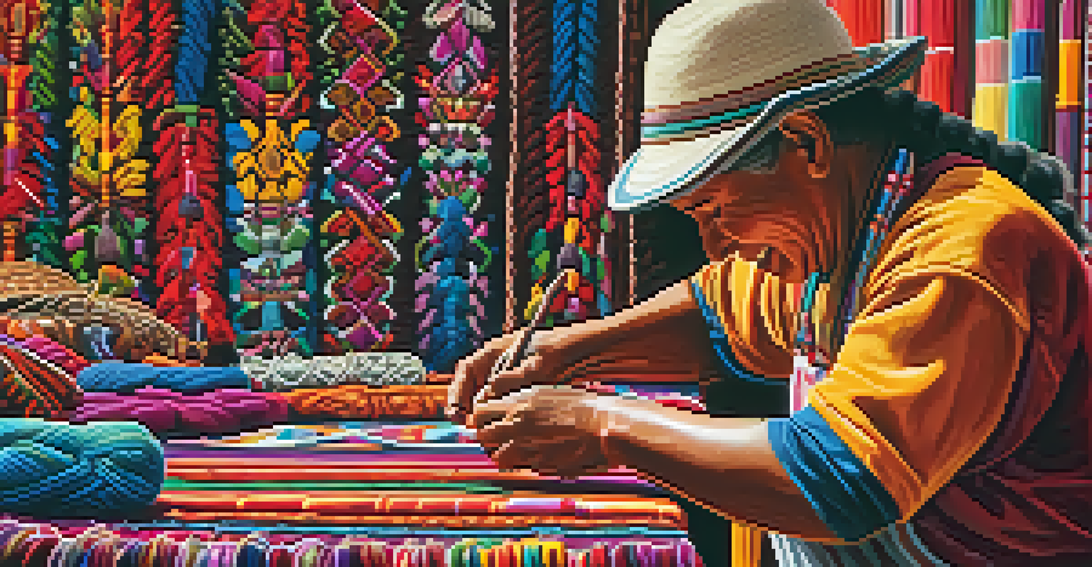A local artisan's hands creating a traditional Peruvian textile with vibrant colors and intricate patterns, set against a lively market backdrop.
