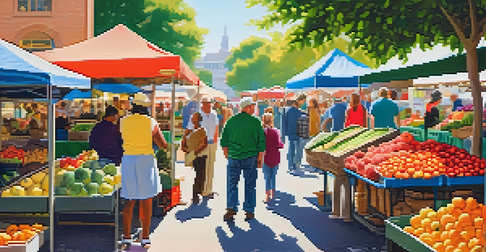 A lively farmer's market with colorful stalls of fresh produce and handmade goods, people interacting in a sunny atmosphere.