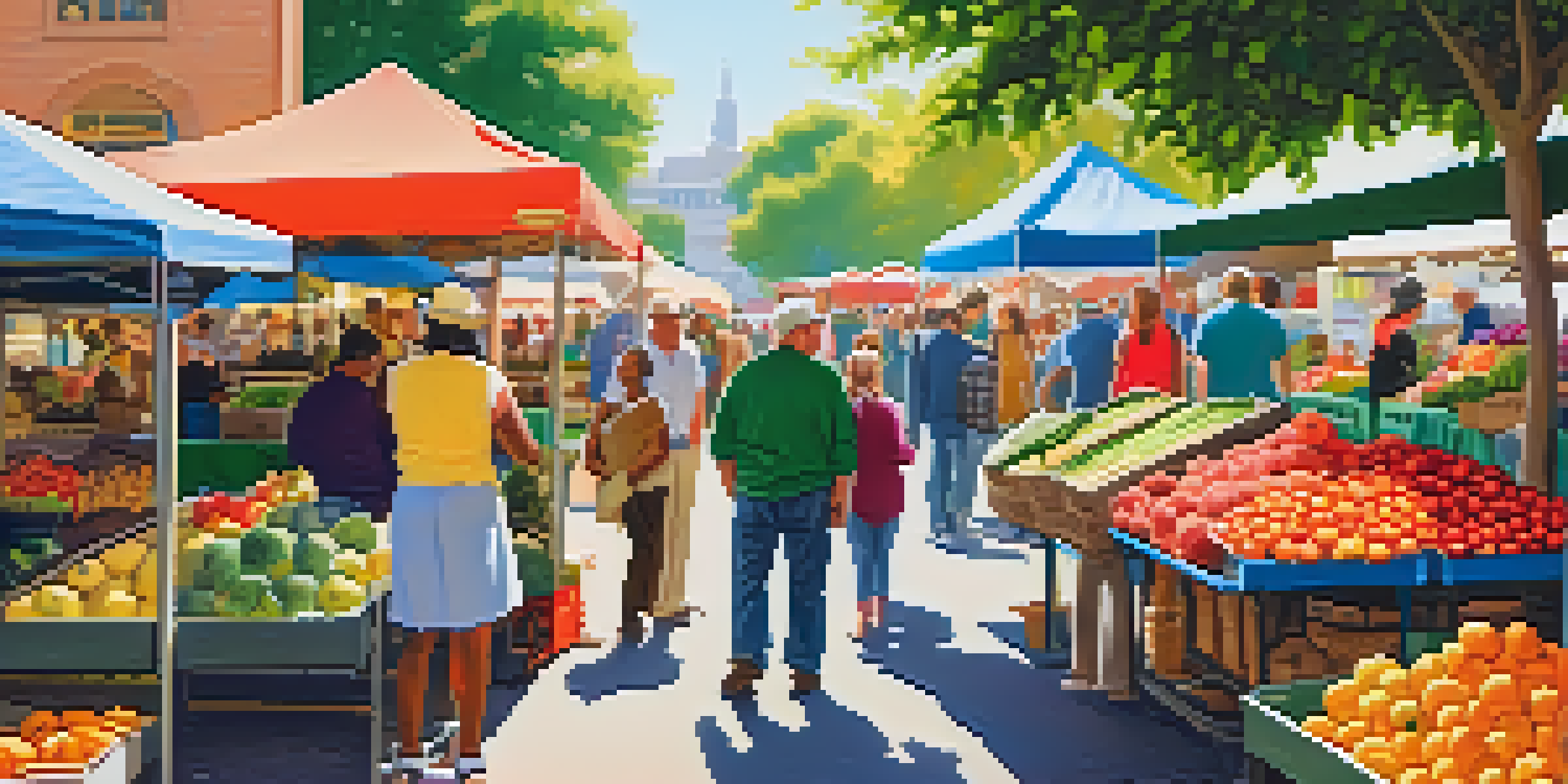 A lively farmer's market with colorful stalls of fresh produce and handmade goods, people interacting in a sunny atmosphere.