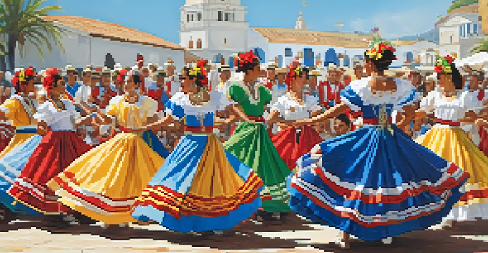 Dancers in colorful traditional costumes performing the Marinera dance at the Festival de la Marinera, with a lively crowd and traditional instruments in the background.