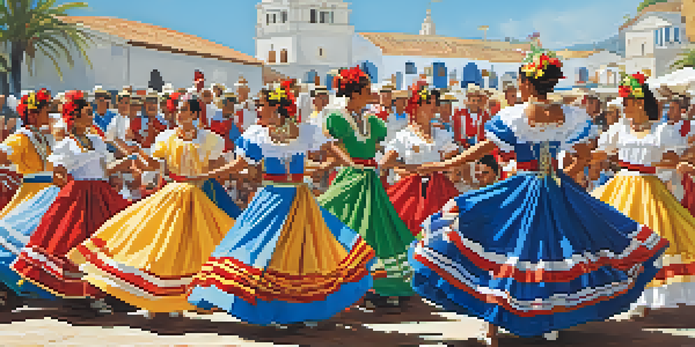 Dancers in colorful traditional costumes performing the Marinera dance at the Festival de la Marinera, with a lively crowd and traditional instruments in the background.