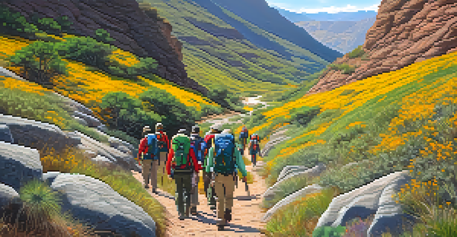 Trekkers walking along a winding path in the Apurímac Canyon with colorful wildflowers and rocky terrain.