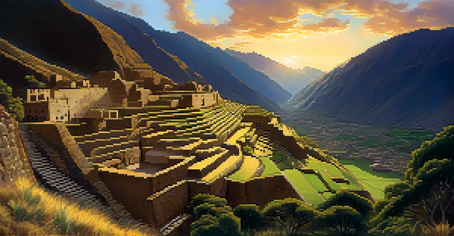 The ancient Incan fortress of Ollantaytambo with stone terraces and Andes mountains at sunset.