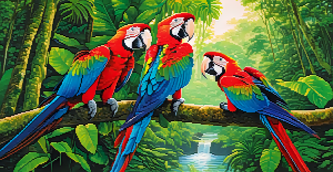 A family of colorful macaws flying through the lush green canopy of the Amazon Rainforest with sunlight filtering through the leaves.