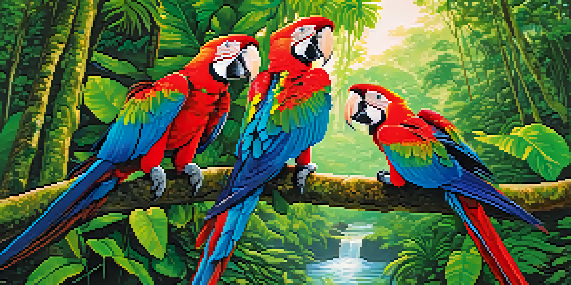 A family of colorful macaws flying through the lush green canopy of the Amazon Rainforest with sunlight filtering through the leaves.
